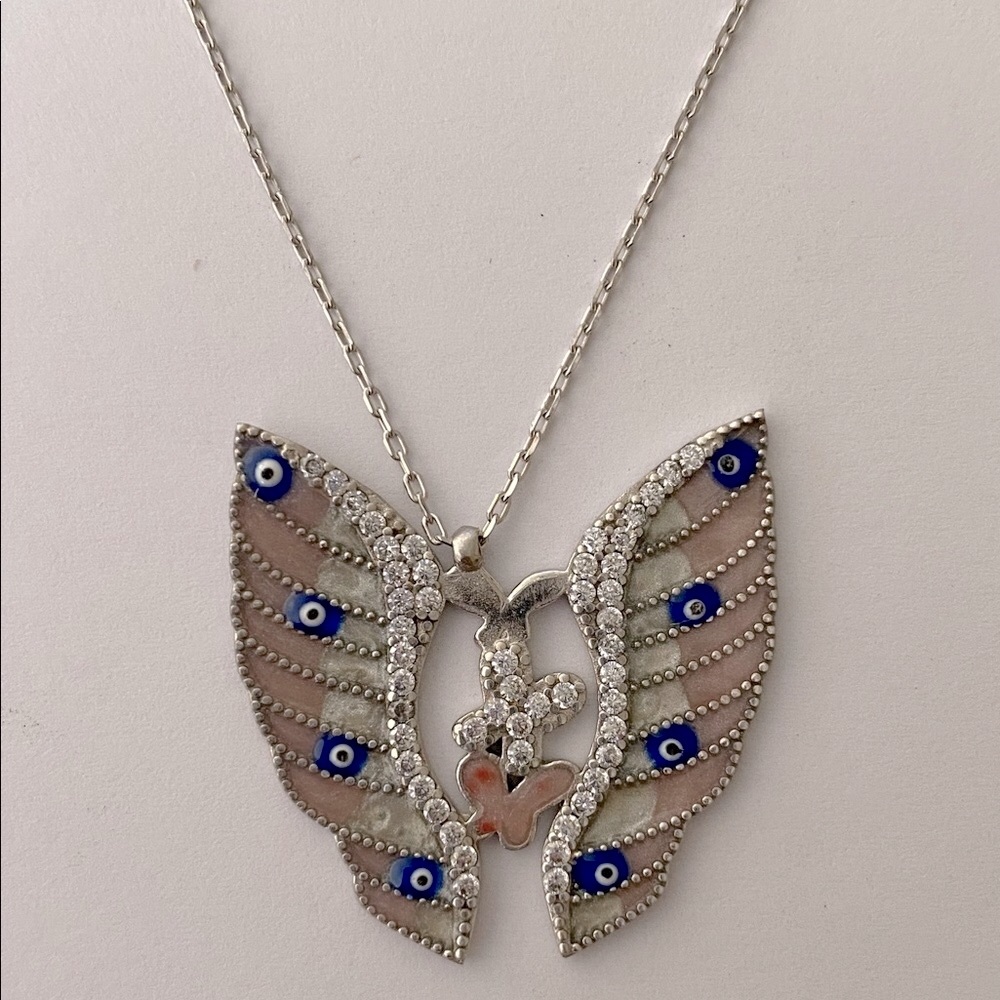 😇Angelwings butterfly evileye 925 silver necklace clear cubic zirconia cz stones